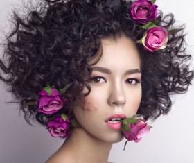 Fashion curly woman with rose flower Stock Photo 03