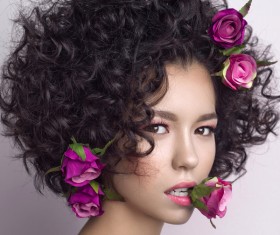 Fashion curly woman with rose flower Stock Photo 04