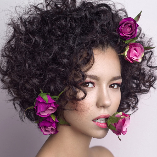 Fashion curly woman with rose flower Stock Photo 04