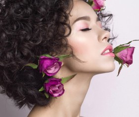 Fashion curly woman with rose flower Stock Photo 05