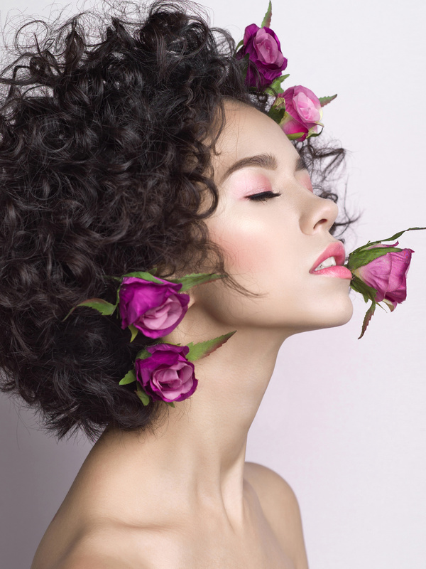 Fashion curly woman with rose flower Stock Photo 05
