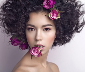 Fashion curly woman with rose flower Stock Photo 06