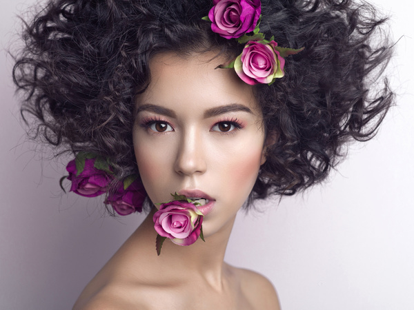 Fashion curly woman with rose flower Stock Photo 06