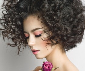 Fashion curly woman with rose flower Stock Photo 07