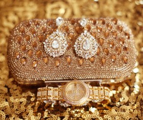 Gemstone Golden ladies handbag and watch with gemstone earrings Stock Photo 01