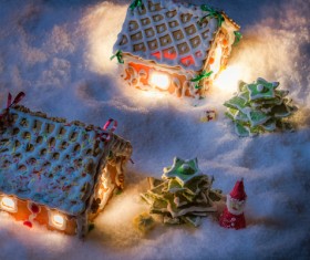 Gingerbread house on the snow outdoors Stock Photo 01
