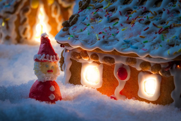 Gingerbread house on the snow outdoors Stock Photo 02