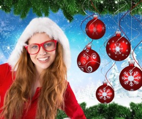 Girl wearing Christmas costume with Christmas decoration background Stock Photo
