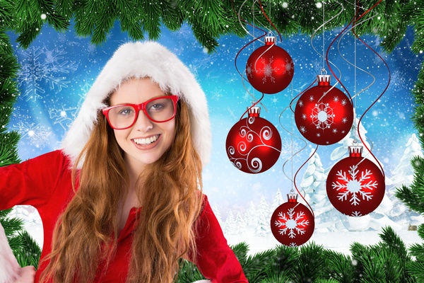 Girl wearing Christmas costume with Christmas decoration background Stock Photo