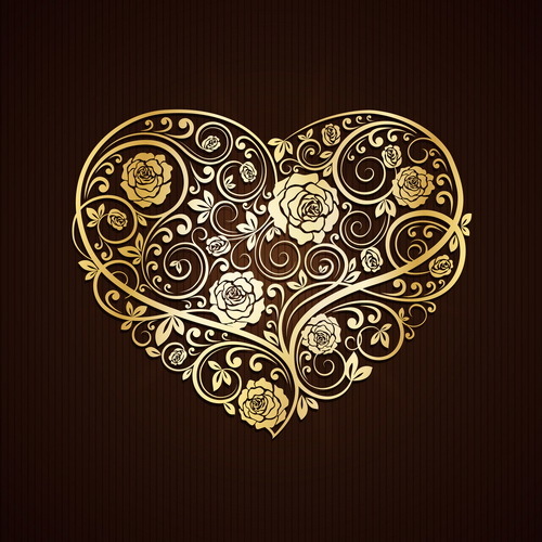 Golden heart with floral decor vector material
