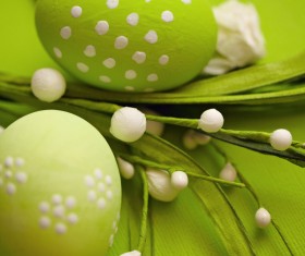 Green Easter eggs with paper flowers Stock Photo