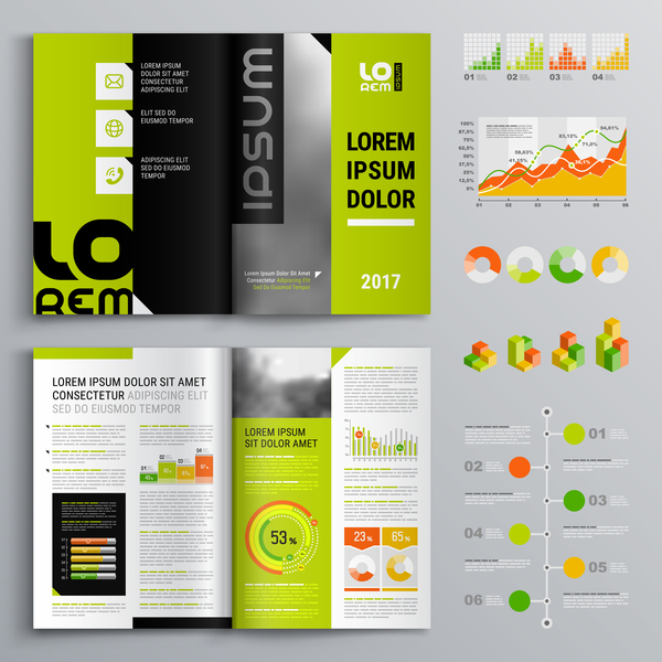 Green with black brochure cover with business infographic vector 01