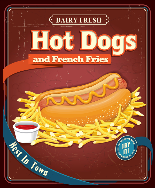 Hot dogs and french fries poster retro vector