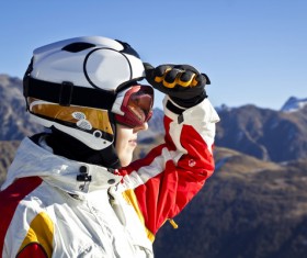 Looking at skiers in the distance Stock Photo