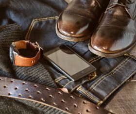 Male fashion style leather shoes and accessories Stock Photo 01