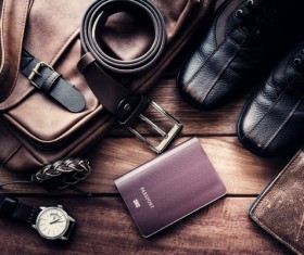 Male fashion style leather shoes and accessories Stock Photo 09