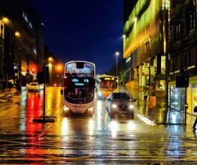 Night city street scene after rain Stock Photo
