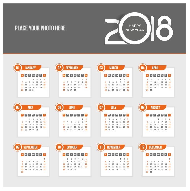 Orange 2018 calendar template vectors