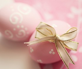 Pink easter eggs tied ribbons Stock Photo