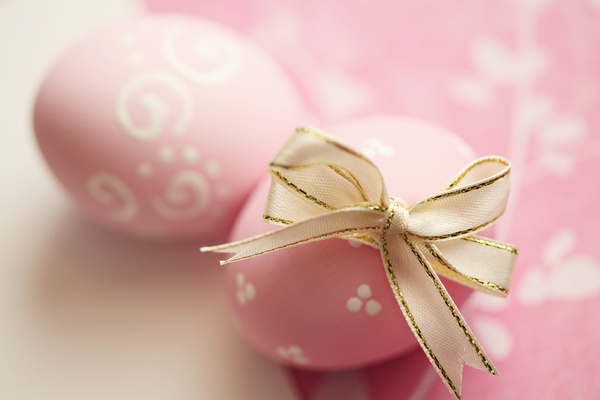 Pink easter eggs tied ribbons Stock Photo