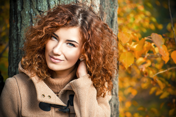 Red haired girl walking in the autumn park Stock Photo 05