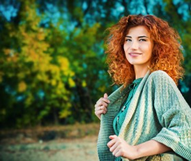 Red haired girl walking in the autumn park Stock Photo 08