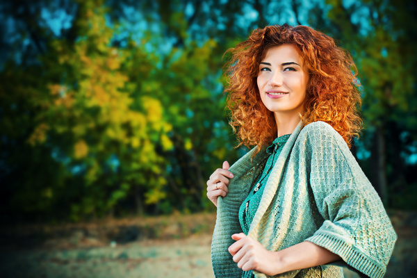 Red haired girl walking in the autumn park Stock Photo 08