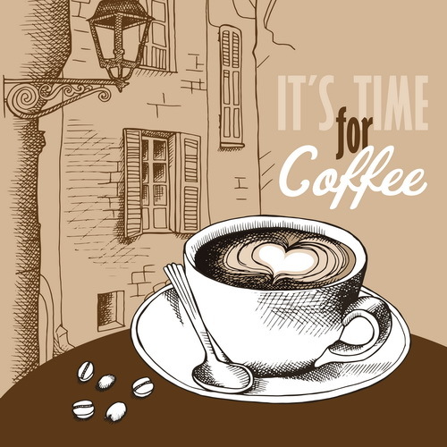 Vintage Coffee with european street vector material 02