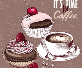 Vintage cakes with coffee vector material 01
