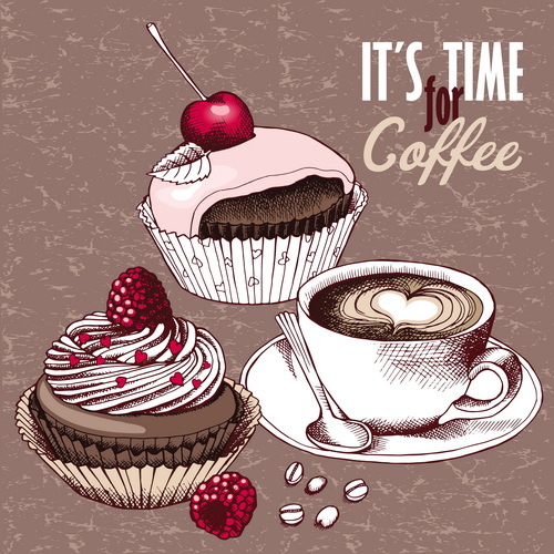 Vintage cakes with coffee vector material 01