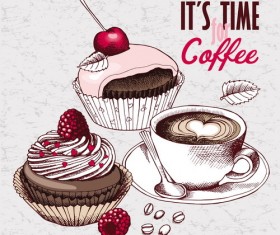 Vintage cakes with coffee vector material 02