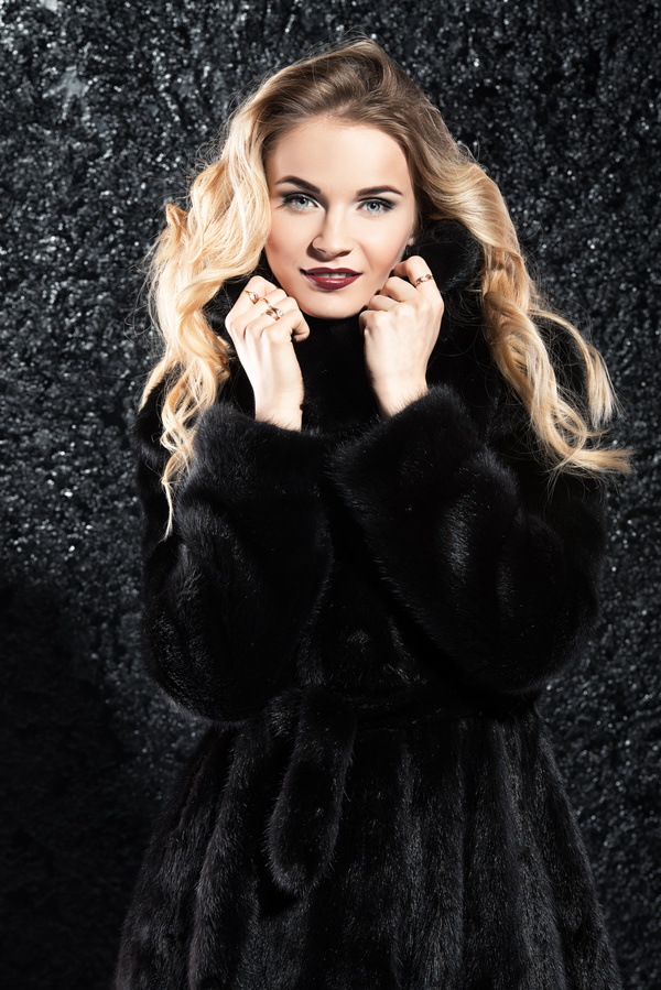 Wearing black mink coat beautiful fashionable blonde Stock Photo 01