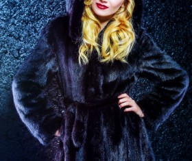 Wearing black mink coat beautiful fashionable blonde Stock Photo 02