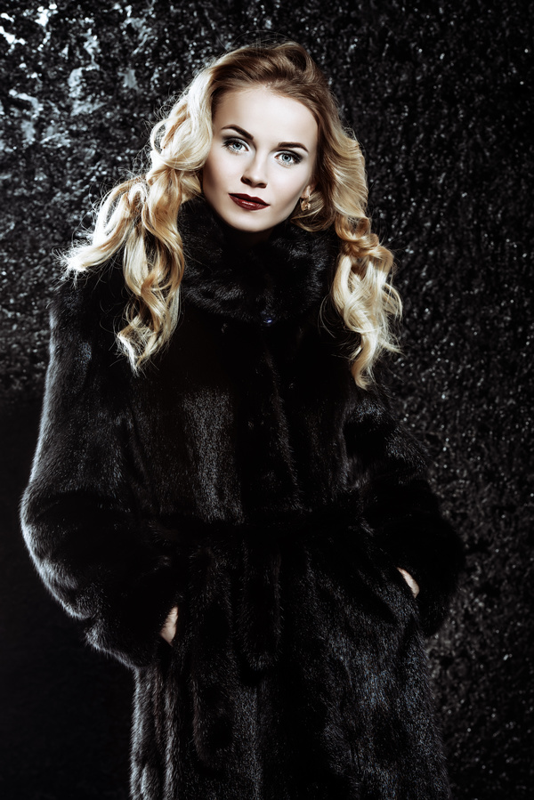 Wearing black mink coat beautiful fashionable blonde Stock Photo 03