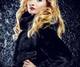 Wearing black mink coat beautiful fashionable blonde Stock Photo 05