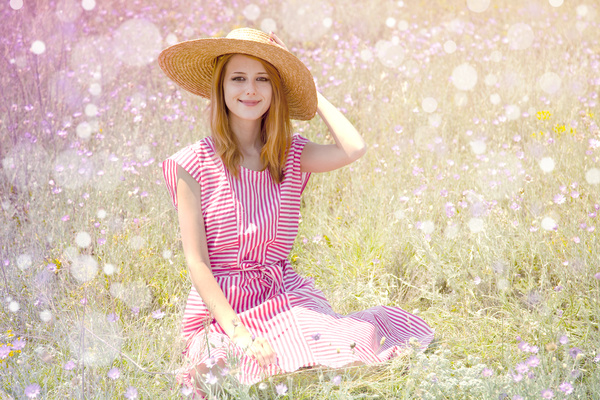Woman sitting in the flowers Stock Photo 02