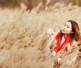 Young women holding flower at meadow in summer morning light Stock Photo