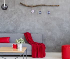 home interior in gray and red silk on the sofa Stock Photo 01