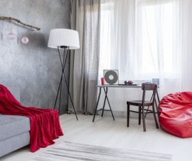 home interior in gray and red silk on the sofa Stock Photo 02