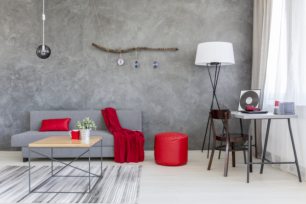home interior in gray and red silk on the sofa Stock Photo 04