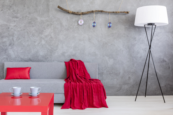 home interior in gray and red silk on the sofa Stock Photo 08