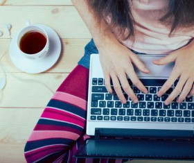 using laptop girl and coffee around Stock Photo 01