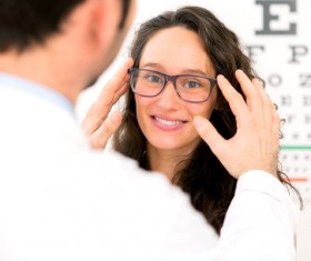 woman wearing nearsighted glasses Stock Photo
