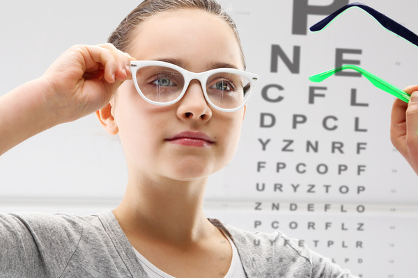wore girl nearsighted eyeglasses Stock Photo 01