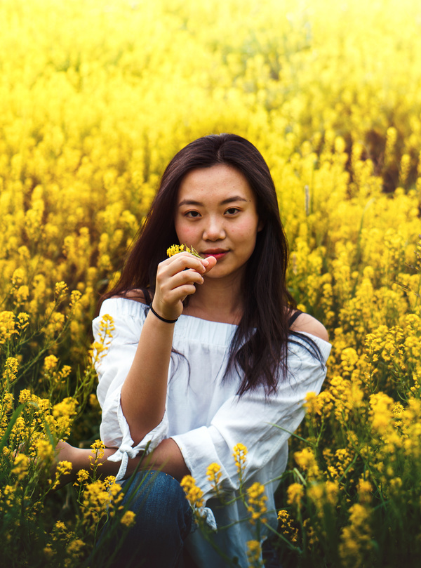Asian girl sitting in yellow flowers Stock Photo