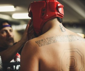Boxer with tattoo on back Stock Photo