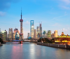 China Shanghai Oriental Pearl Tower at dusk Stock Photo