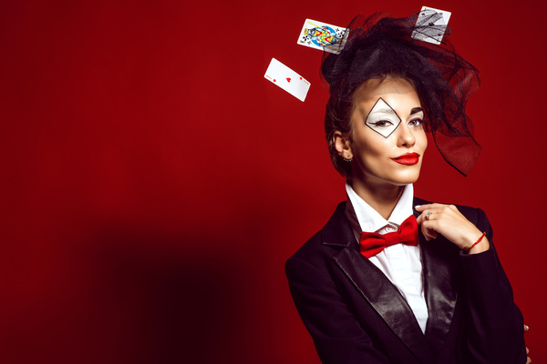 Clown makeup play poker woman Stock Photo 01