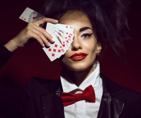 Clown makeup play poker woman Stock Photo 02