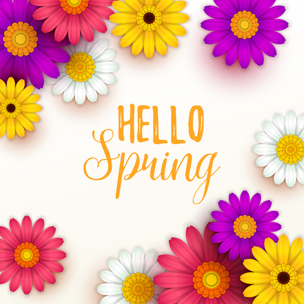 Colored flower with hello spring background vectors 01